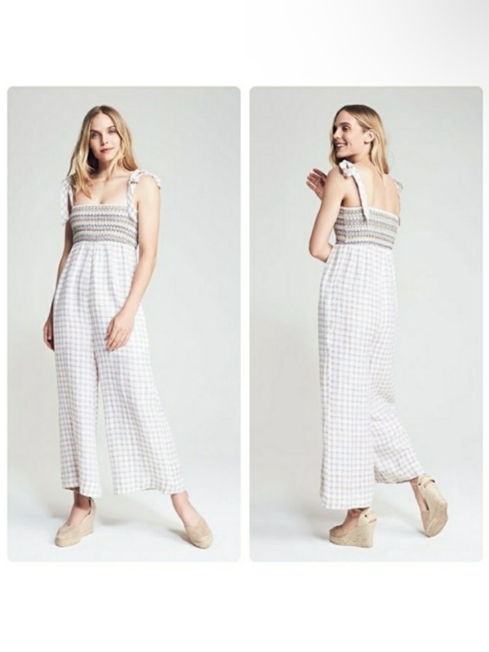 Faherty Eloise Plaid Window Paine Wide Leg Linen Jumpsuit Size Small